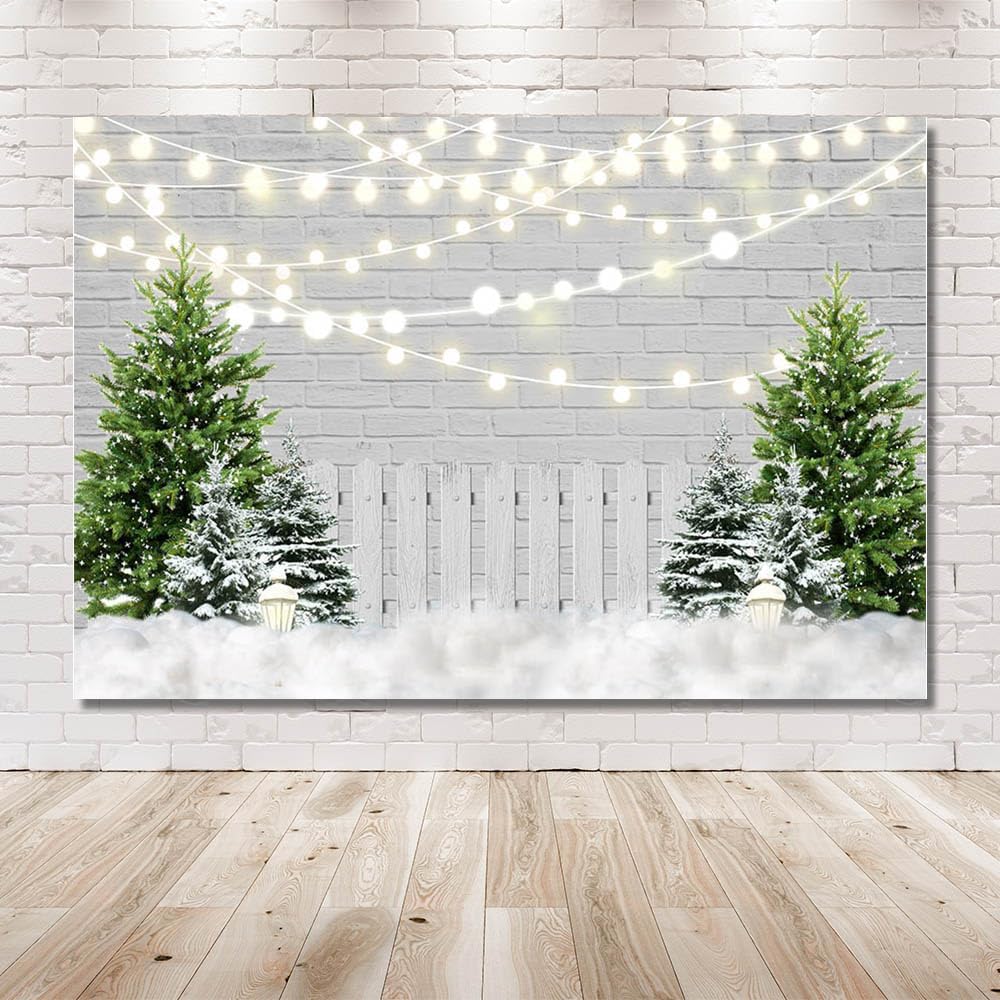 Christmas tree scene with garland lights backdrop