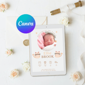 Cute kitten birth announcement Canva template