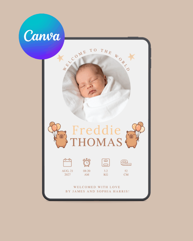 cute capybara digital birth announcement